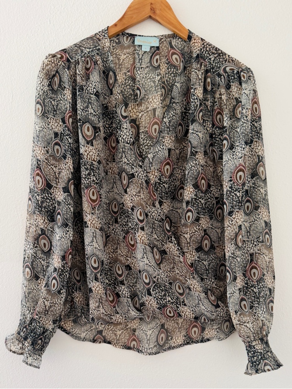 NWT Veronica M Brown Gray Cross Long Sleeve Peacock Print Blouse